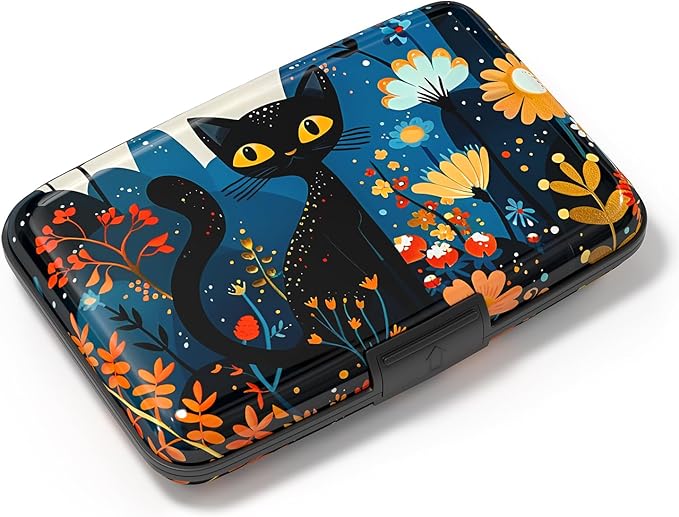 Credit Card Holder, Mini Aluminum Card Wallet RFID Blocking Slim Metal Hard Card Case for Women Men, Cute Cat