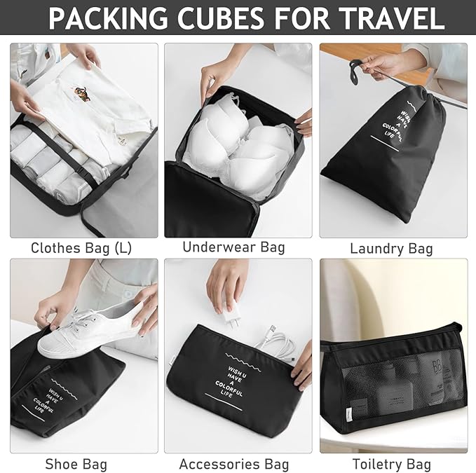KPX 8 Set Packing Cubes for Travel, Luggage Packing Organizers Accessories Large Toiletries Bag for Clothes Shoes Cosmetics (Black)