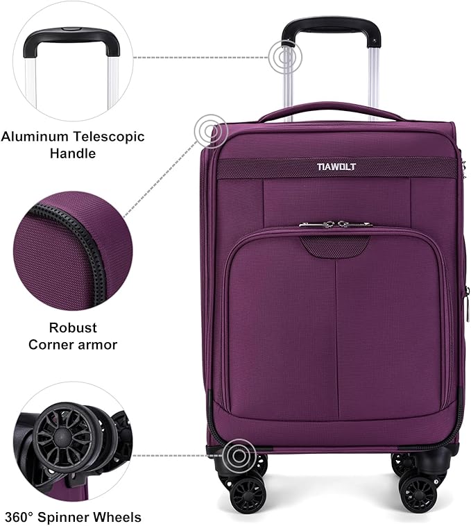 Carry on Suitcase 22x14x9 Airline Approved,20 inch Lightweight Suitcases with 360° silent swivel wheels, TSA Lock and Compartment, Large Capacity travel Suitcase-Purple