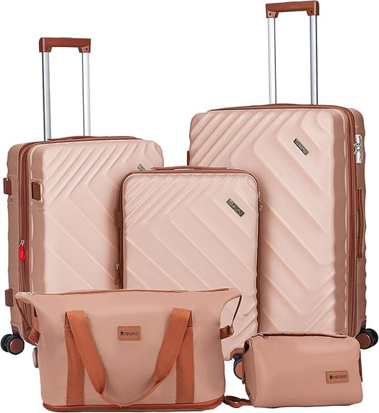 5 piece Luggage Set Expandable Suitcase 22x14x9 Airline Approved Carry on, ABS Hard Case Suitcases with Spinner Wheels, TSA Lock (Pink)