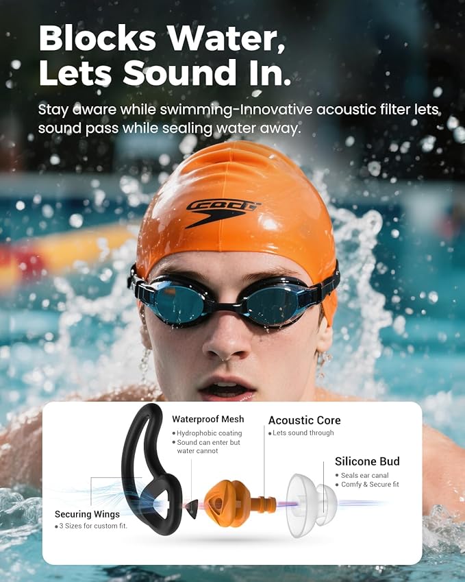 Ear Plugs for Swimming–2 Pairs Soft Silicone Reusable Waterproof Earplugs for Adults & Men Women, Custom Fit for Swimmers Ear, Pool, Beach, Snorkeling, Surfing, Kickboard Training(Orange)