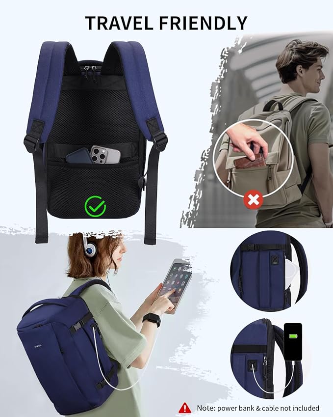 ECOHUB 40L Carry-On Travel Backpack, TSA-Friendly, Anti-Theft Water-Resistant Lightweight with 17.3″ Laptop Compartment, Durable PFAS-Free Rucksack, Blue