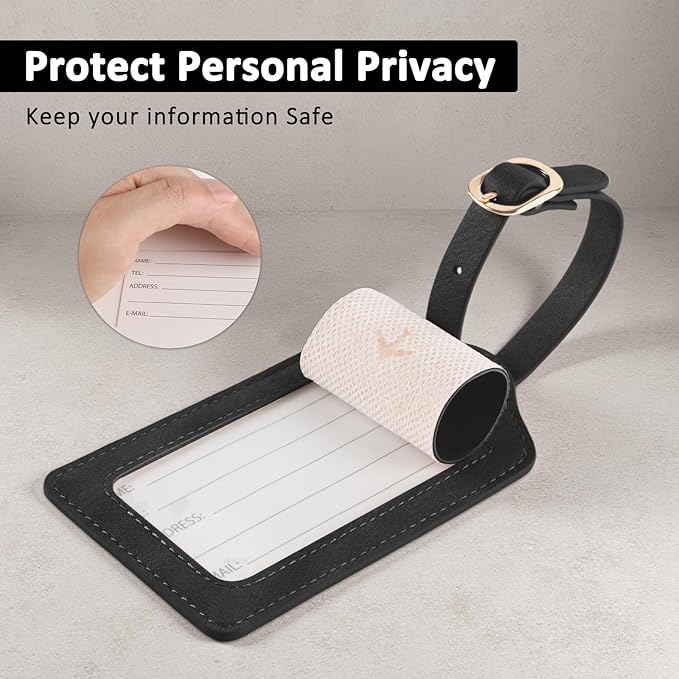 1 Pack Luggage Tag, PU Leather Suitcase Tags Identifiers Privacy Cover ID Label for Travel Bag Suitcase with 2 Pack Luggage Straps for Hats, Bags and Travel Accessories Clip(L-Black)