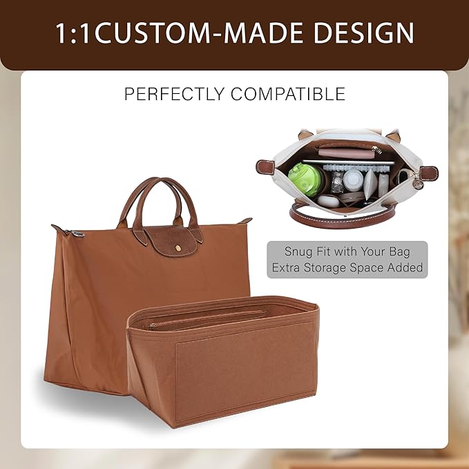 Premium Felt Purse Organizer Insert for Longchamp Le Pliage, Zipper Long Champ Bag Organizer Insert with Cup Holder, 9 Compartments