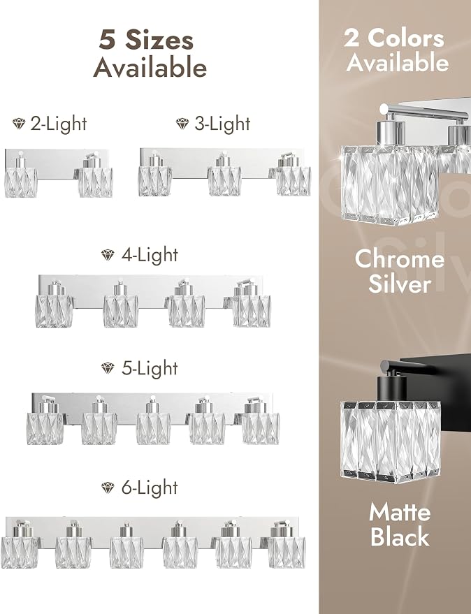 VOLISUN Chrome Bathroom Light Fixtures, Modern Stainless Steel Bathroom Lighting Fixtures Over Mirror, 5 Light Bathrooms Vanity Light, Crystal Vanity Light for Bathrooms-UL Certificated(Exclude Bulb)