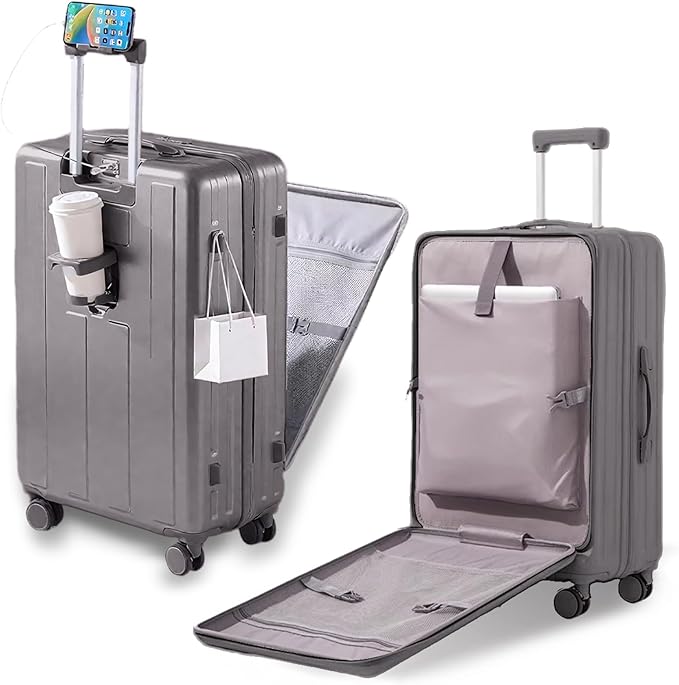 Gets Carry on Luggage Airline Approved,20 Inch Abs+Pc Hardshell Spinner Luggage With Cup Phone Holder and USB Charger,Front Pocket Durable Suitcase for Women Men-Grey