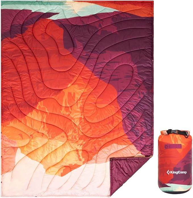 KingCamp Ultralight Camping Blanket, Packable Down Alternative Puffy Printed Wearable Blanket with Snap Buttons & Corner Loops Weatherproof Quilt for Outdoor Travel Stadium (78.7"L x 57.1"W, ORANGE)