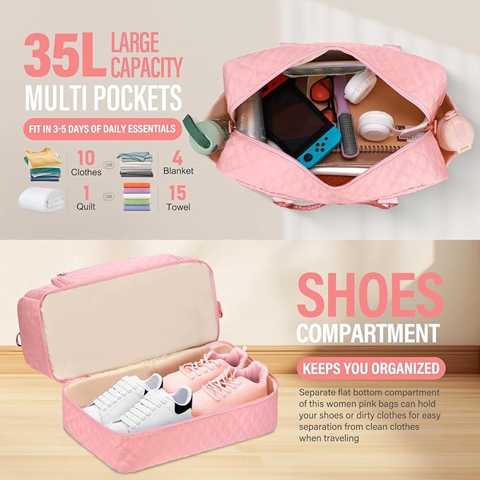 Large Travel Duffle Bag for Women,Carry on Overnight Bag Weekender Bags with Toiletry Bag Travel Bags for Women with Shoe Compartment for Gym Business Trips Sport Hospital(Pink)