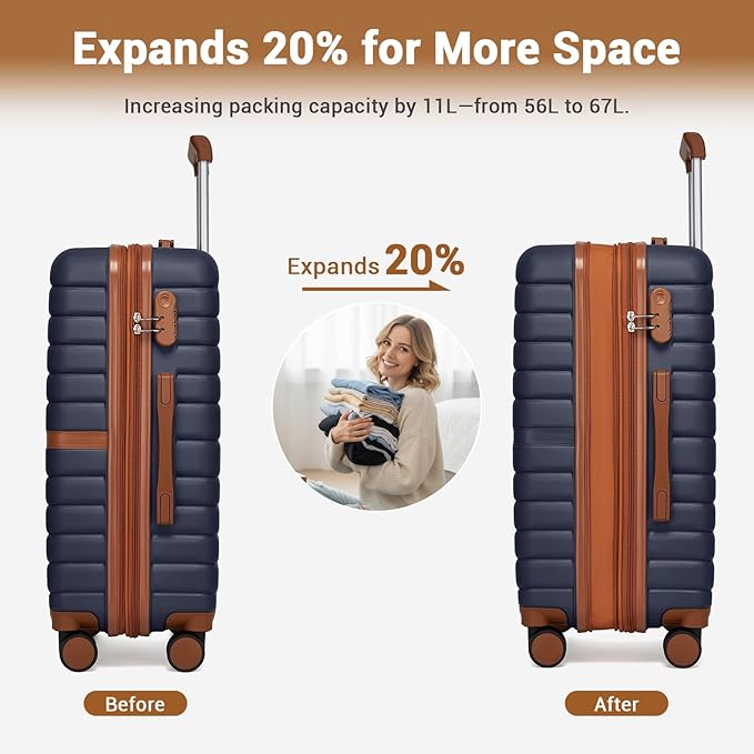 Kono Expandable 24 Inch Luggage with Spinner Wheels, Medium Checked Luggage with Lock, Lightweight & Anti-Scratch PC+ABS Hardshell Travel Suitcase, Navy/Brown
