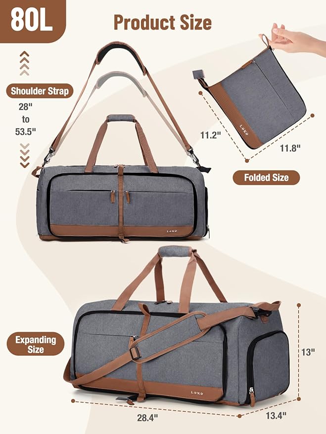Lekesky Foldable Travel Duffel Bag for Women, 80L Large Duffle Bag with Separate Shoes Compartments & Straps, Carry On Weekend Bag for Women, Hospital, Overnight(Grey)