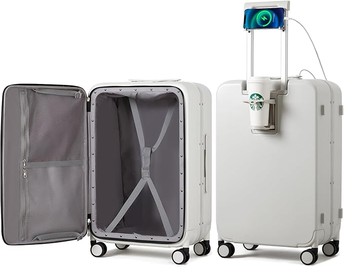 mixi Large Checked Luggage with Cup Phone Holder and Charger Hard Shell Suitcases with Spinner Wheels, 26 Inch Smoke White