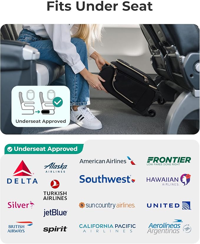 BAGSMART Underseat Carry On luggage Airline approved, 16-inch Softside Underseater Travel Suitcase with Spinner Wheels Lightweight Overnight Bag Small Rolling Carry-on for Women Men Weekender,Black