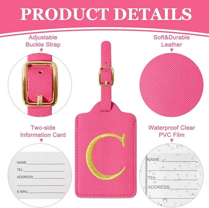 Personalized Initial Luggage Tags for Suitcases,Leather Letter Cute Luggage Tags with Privacy Name Card,Embroidered Monogrammed Travel Bag Backpack Tag Gifts for Women Kids Girls Teens(Rosered-C)