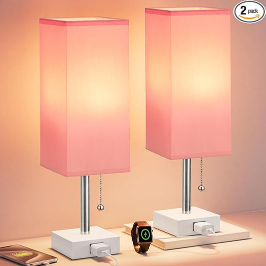 Bedside Lamp for Bedroom Set of 2 - Pink Table Lamp for Nightstand | AC Outlet, 3 Color Temperatures, LED Bulb Included, Pull Chain Design, 14" Rectangular Desk Lamp for Dorm/Office, 2-Pack