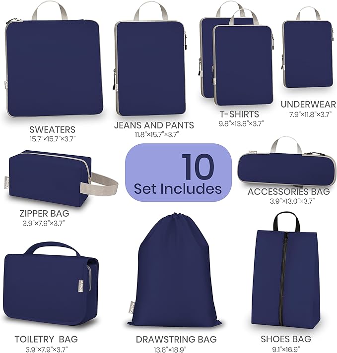 Compression Packing Cubes for Travel, Set of 10 Expandable Luggage Organizers with Shoe Bag, Lightweight Water-Resistant Suitcase Essentials for Carry-on & Checked Luggage, Blue