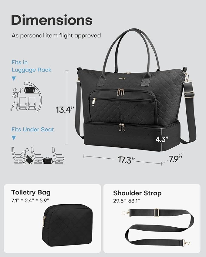 HOTOR Travel Duffle Bag for Women - Carry on Bag with Toiletry Pouch & Shoe Compartment, Large Overnight Weekender Bags for Gym, Business Trips, Sports and Hospital, Black, 17.3" x 7.9" x 13.4"