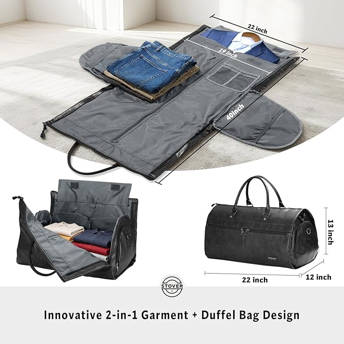 STOVER Garment Travel Duffle Bag, Large 2-in-1 Convertible Carry-on Luggage for Men & Women- Hanging Suits, Dresses & Clothes + Shoe Compartment- Weekender Tote Combo Duffel (Black Leatherette)