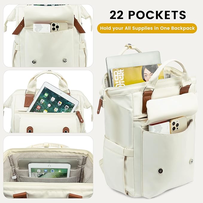 LOVEVOOK Laptop Backpack for Women Work Travel Commuter Backpack Business Computer Bag Teacher Doctor Nurse Bags College Backpack Purse, 15.6 Inch, Beige-Brown-Brown