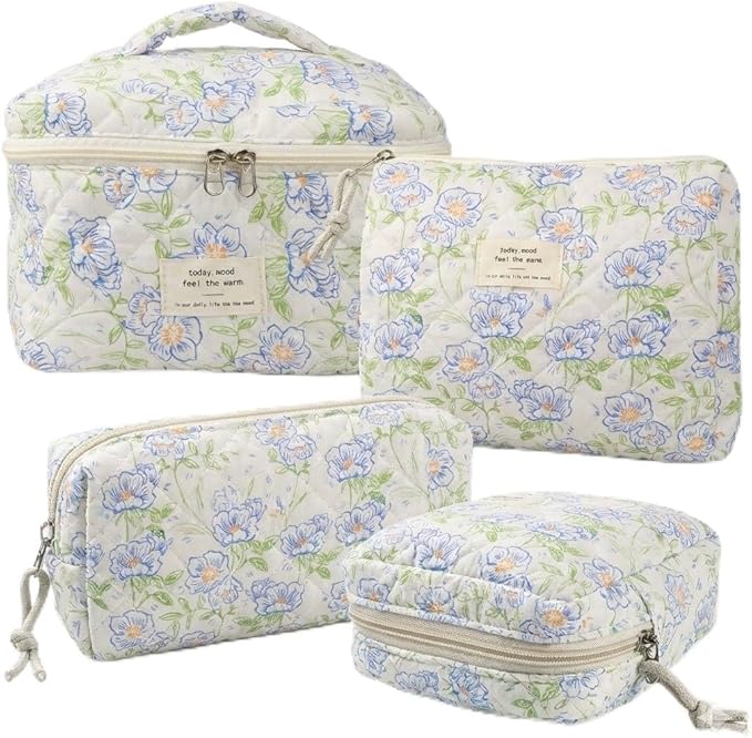 Cute Makeup Bag for Women(2 Pcs), Travel Cosmetic Bags, Quilted Coquette Aesthetic Floral Toiletry Organizer Bag (49 - Green Leaf/4PCS)