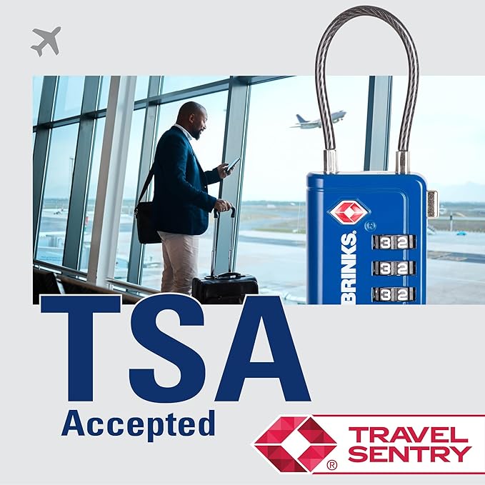 Brinks TSA Accepted Indicator Luggage Lock, Blue - Resettable 3-Dial Combination, 1.5 inch Long Cable Shackle, New More Secure Key, 2 Pack