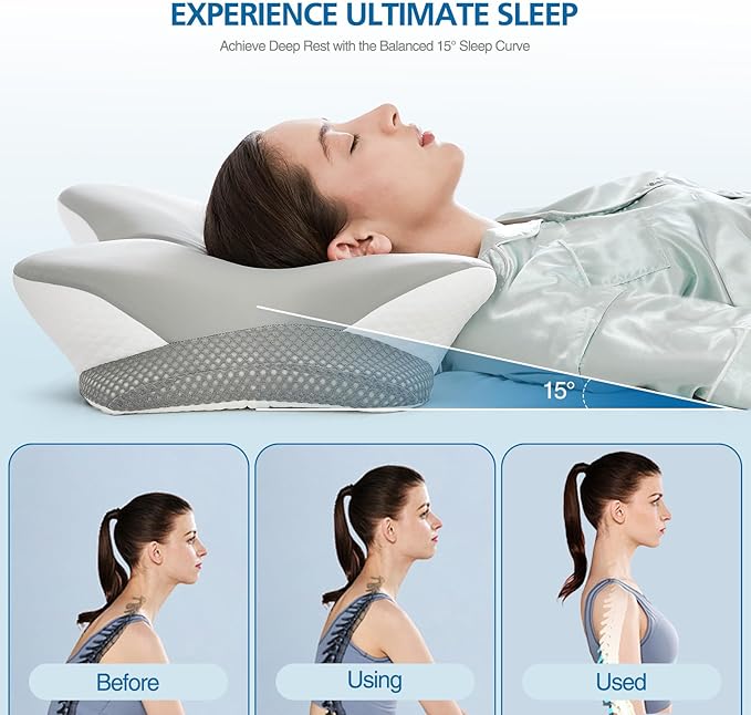 Ergonomic Memory Foam Cervical Pillow for Neck Pain Relief - Contour Design with Dual Heights for Side/Back/Stomach Sleepers with Washable Breathable Pillowcas