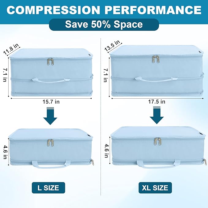 Extra Large Compression Packing Cubes for Travel Essentials, 2 Set Expandable Travel Cubes for Packing Bags Suitcase Organizer, Blue