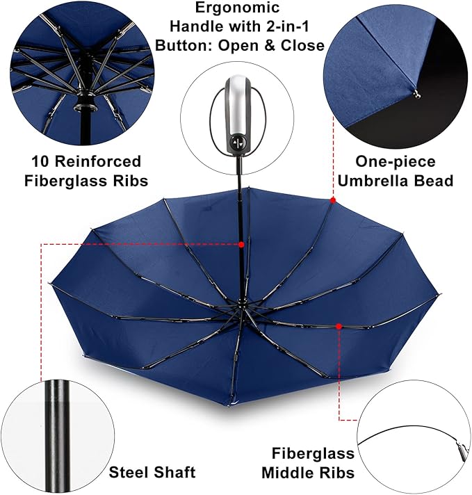 TradMall Travel Umbrella Windproof with 46 Inches Large Canopy 10 Reinforced Fiberglass Ribs Ergonomic Handle Auto Open & Close, Navy Blue