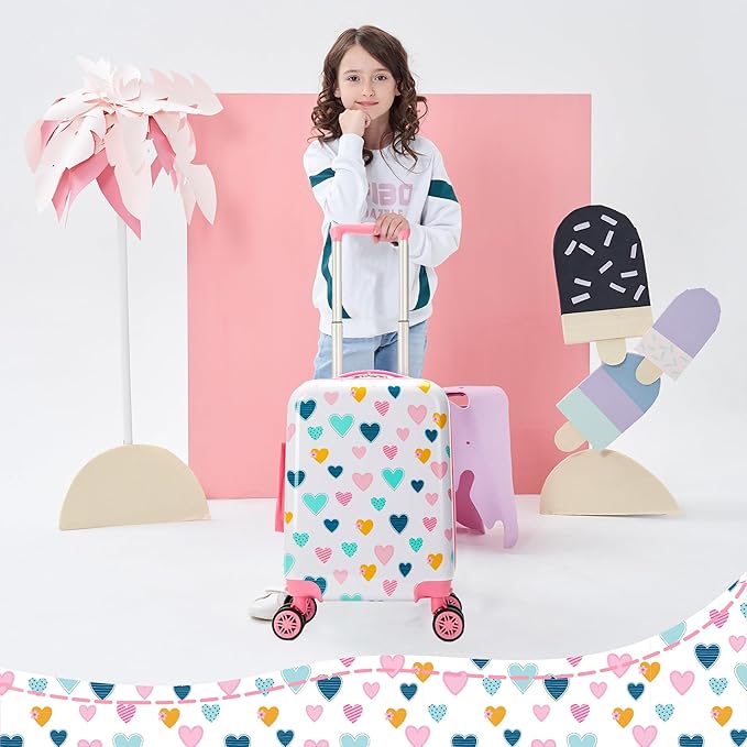 Kid's Luggage Set 2 Piece Suitcase Set Hardside Luggage with Spinner Wheels Girls Carry on Toddler Travel Rolling Suitcase with Neck Pillow Airline Approved