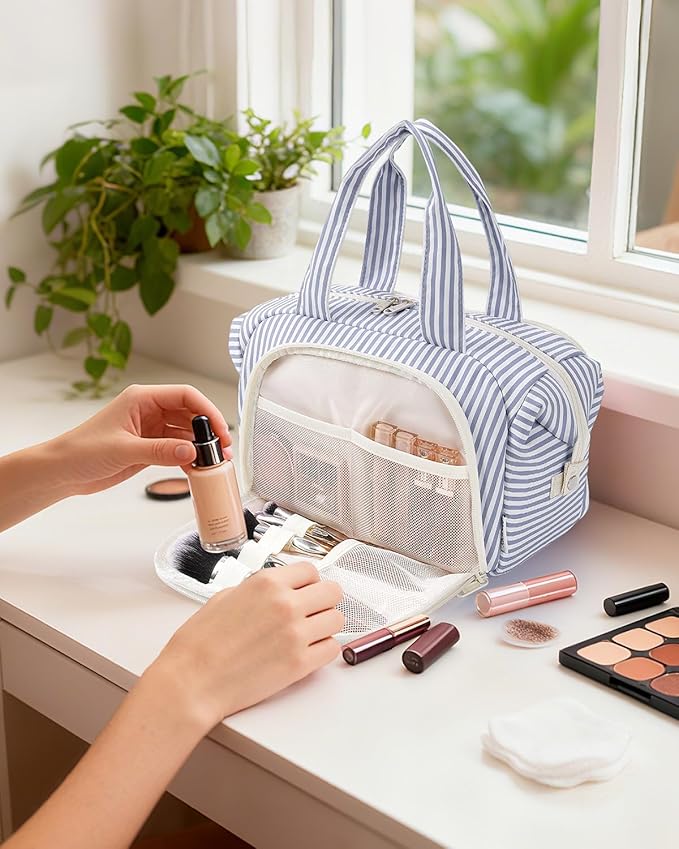 Narwey Travel Toiletry Bag for Women, Wide Open Large Makeup Bag, Cosmetic Bag Make Up Organizer with Handle, Wet Pocket for Towel, Travel Bag for Toiletries, Brushes, Essentials (Greyish Blue Stripe)