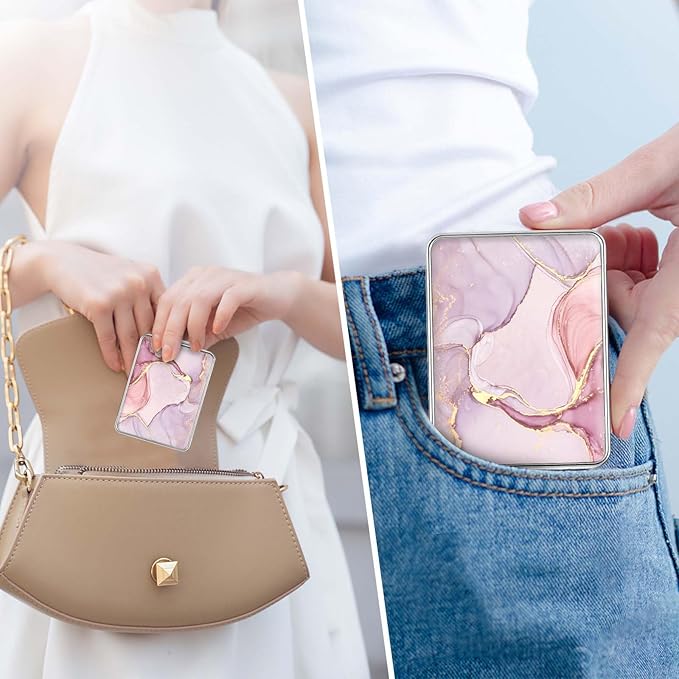 Pocket Mirror, Small Travel Mirror with Magnification, Portable Double-Sided Magnifying Cosmetic Mirror for Daily (Pink + Purple Marble)