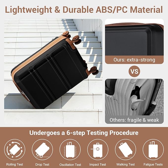Kono Carry On Luggage 22x14x9 Airline Approved with Spinner Wheels,Lightweight PC+ABS 20 Inch Luggage with TSA Lock,Expandable Hard Shell Carry On Suitcases for Men Women,Black/Brown
