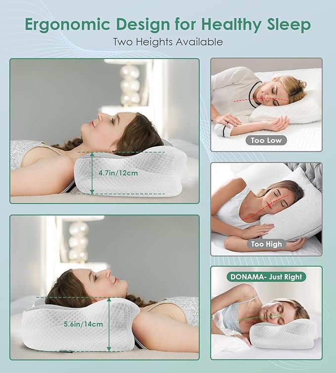 DONAMA Cervical Pillow for Sleeping, Contour Memory Foam Pillow for Neck and Shoulder Support, Ergonomic Neck Pillow for Side Back Stomach Sleepers, Bed Pillows with Cooling Pillowcase