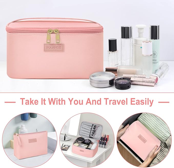 MAANGE Travel Makeup Bag - Large Makeup Bag with 2pcs Small Makeup Bag Portable Leather Cosmetic Bag Toiletry Bag Make Up Bags for Women and Girls (Pink)