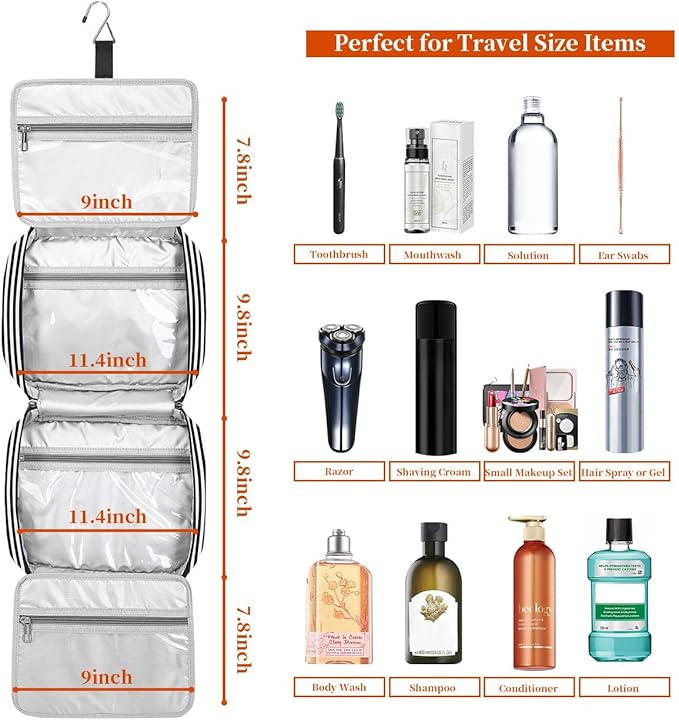 Bosidu Hanging Travel Toiletry Bag,Large Capacity Cosmetic Travel Toiletry Organizer for Women with 4 Compartments & 1 Sturdy Hook,Perfect for Travel/Daily Use/Christmas
