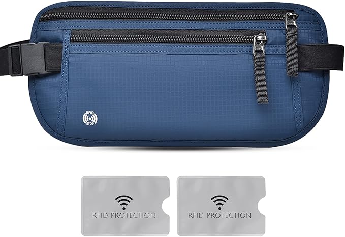 Travel Money Belt Hidden Passport Holder for Men/Women- RFID Blocking- Slim Anti-Theft Waist Wallet under Clothes,Travel Wallet Money Pouch, Travel Belt Fits Passport Phone Cash Cards (Navy Blue)