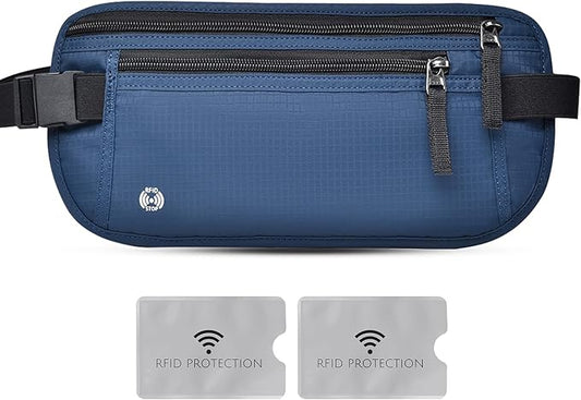 Travel Money Belt Hidden Passport Holder for Men/Women- RFID Blocking- Slim Anti-Theft Waist Wallet under Clothes,Travel Wallet Money Pouch, Travel Belt Fits Passport Phone Cash Cards (Navy Blue)