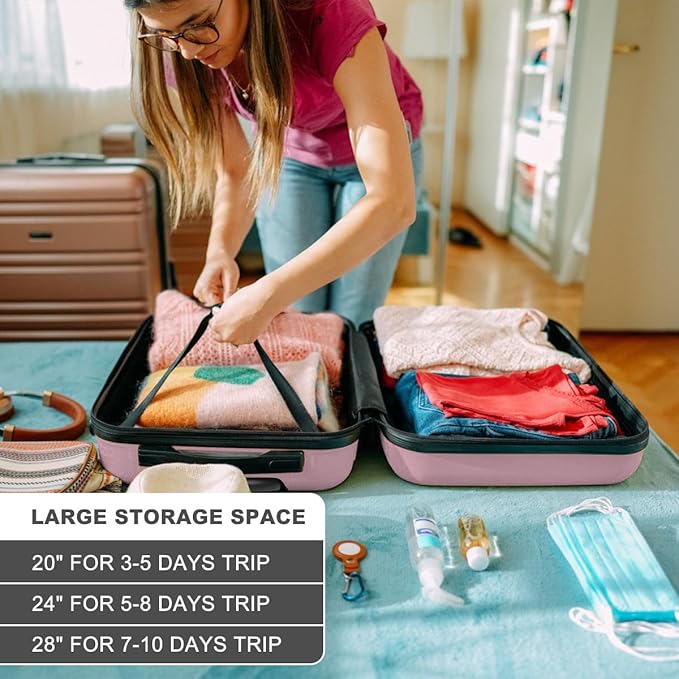 Kono 3 Piece Luggage Sets Expandable(only 28") with Spinner Wheels TSA Lock Lightweight PC+ABS Hardside Travel Rolling Suitcases 20in 24in 28in Carry on Pink