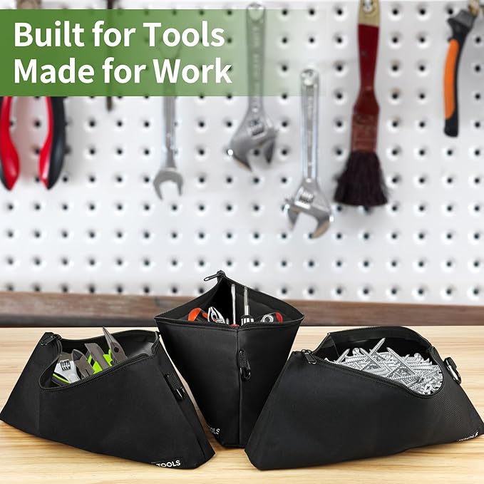 3 Pack Premium Tool Pouches Zipper Bag, Small Tools Bags with Carabiner, Heavy Duty Flat Bottom Utility Multipurpose Storage Organizer Bag for Tool, Stationary, Pencil
