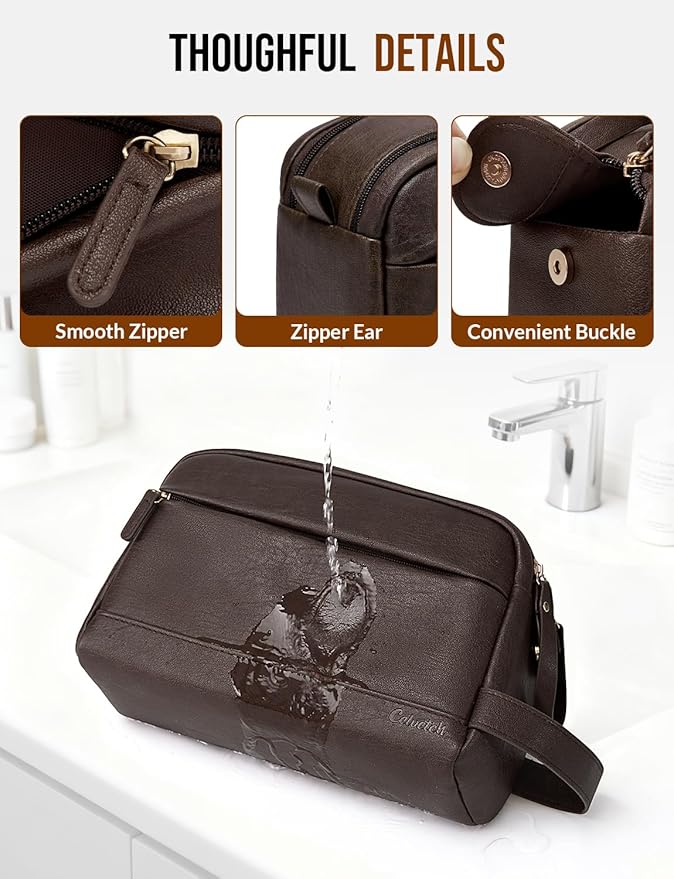 PU Leather Toiletry Bag for Men - Water Resistant Travel Bag for Toiletries, Bathroom Essentials, Accessories - Dark Brown