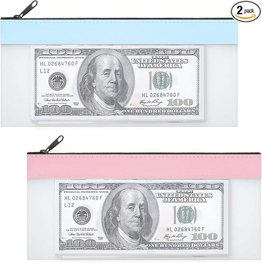 2 Pieces Money Bags with Zipper, Money Envelopes 7.8×3.9 Inch, 2 Colors Money Pouch Clear Bank Deposit Cash Bag for Multi-Purpose Check Wallet Collectors
