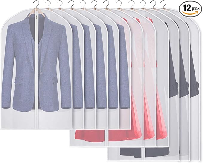 Kntiwiwo Clear Garment Bags Suit Bag for Closet Storage Set of 12 Hanging Dress Cover Bag with Zipper for Suit, Coat, Long Dresses Clothes Storage-24” x 40”/50”/60”