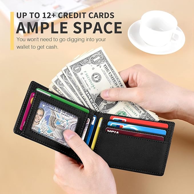 RUNBOX Wallet for Men Slim 11 Credit Card Holder Slots Leather RFID Blocking Small Thin Men's Wallet Bifold Minimalist Front Pocket Large Capacity Gift Box