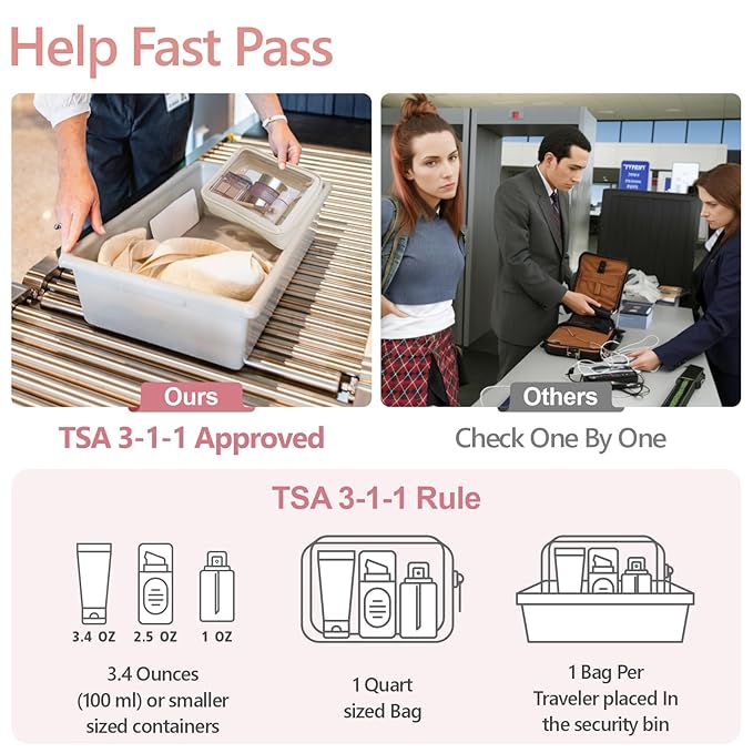F-color TSA Approved Toiletry Bag 3 Pack Medium - Clear Makeup Bag Travel Quart Size for Women Men, Clear Cosmetic Bag Airport Airline Compliant Carry on Bag, Beige