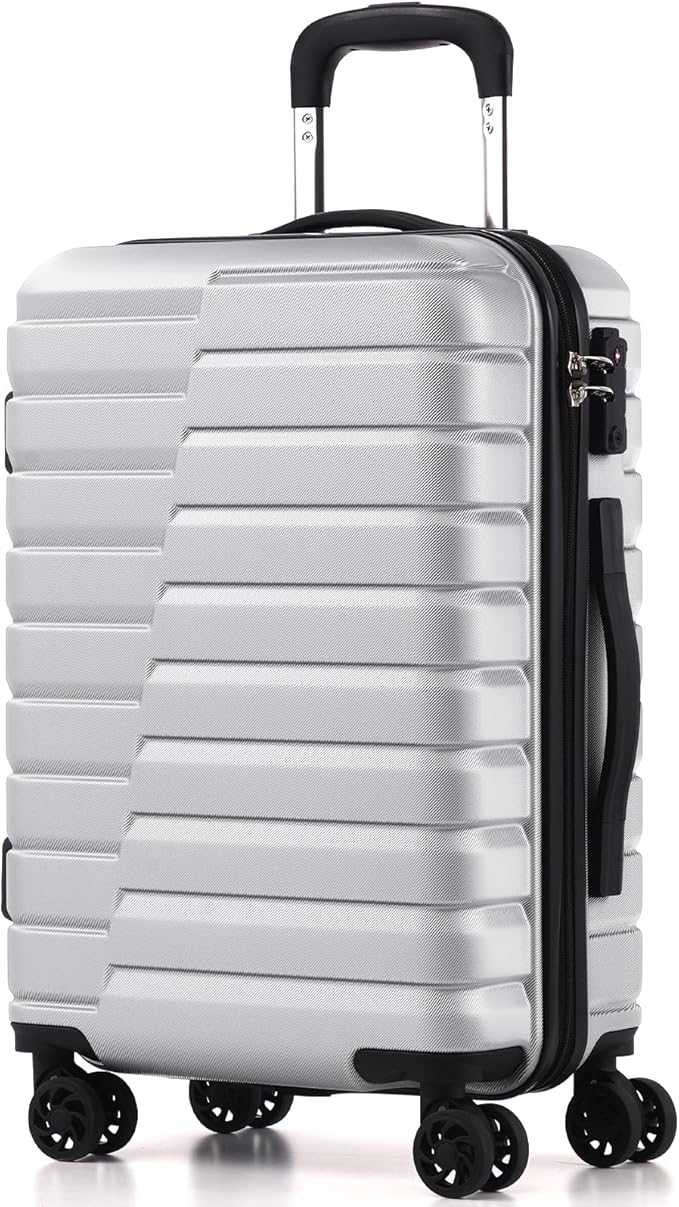 Coolife Carry On Luggage Airline Approved with Wheels Hard Shell Suitcase Spinner TSA Lock Telescopic Handle 20-inch,Silver