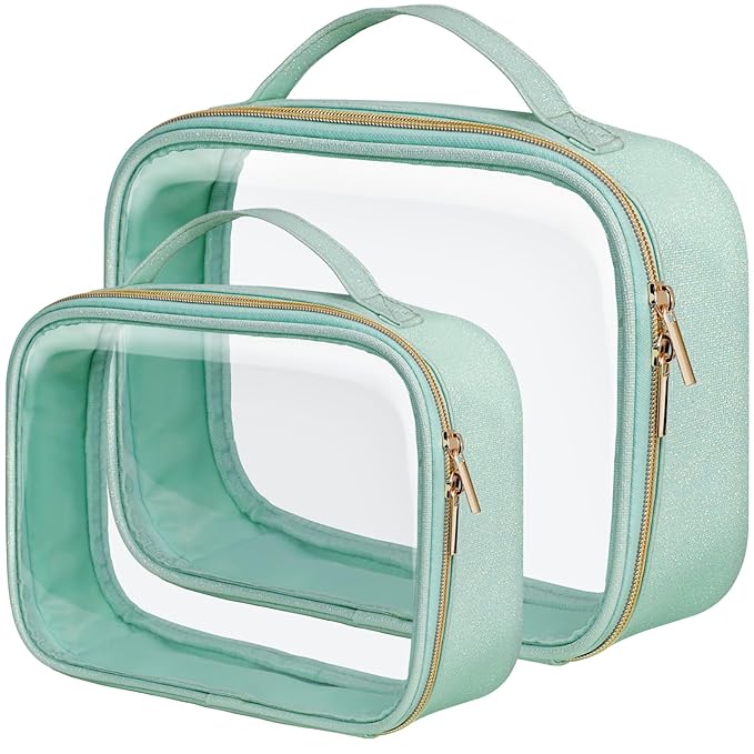PACKISM Glitter Texture TSA Approved Toiletry Bag Set, Style Clear Makeup Bag with Handle, 1 TSA Medium & 1 Large for Travel, Gift for Women, Green