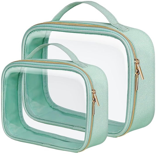 PACKISM Glitter Texture TSA Approved Toiletry Bag Set, Style Clear Makeup Bag with Handle, 1 TSA Medium & 1 Large for Travel, Gift for Women, Green