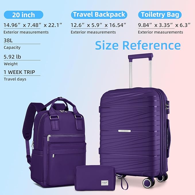 LARVENDER Luggage Sets 3 Piece, Expandable Carry On Luggage 22x14x9 Airline Approved, 20 Inch Hardshell & Lightweight PP Carry On Suitcase for Women with Spinner Wheels TSA Lock, Grape Purple