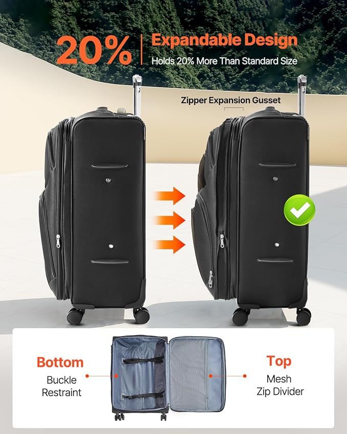 VEVOR Softside Expandable Luggage with Spinner Wheels, 28-Inch Softside Checked Large Luggage, Lightweight Checked Suitcase with Expandable Zippered Pocket and TSA Lock, Black