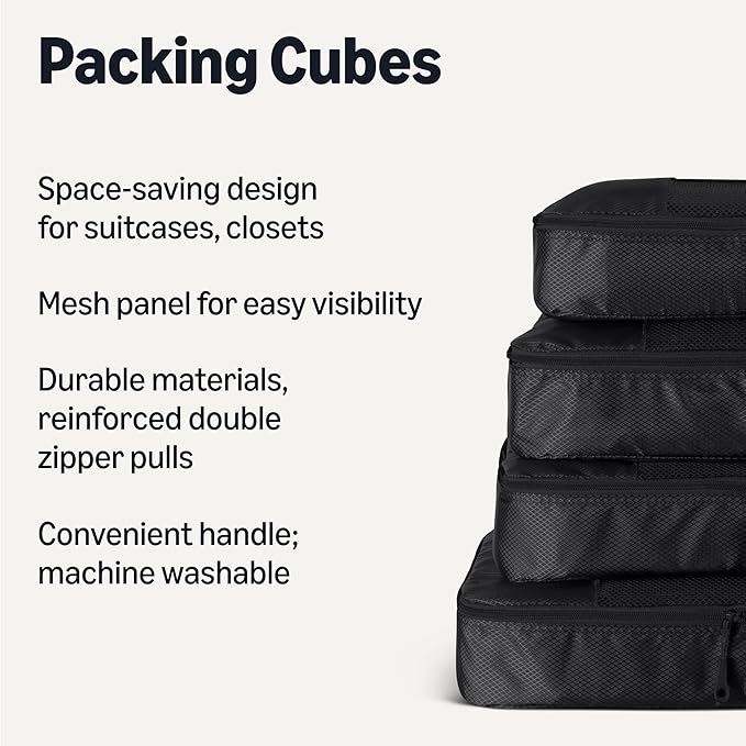 Amazon Essentials 4-Piece Packing Cubes Travel Accessories Set, Luggage Organizer with Double Zipper, Mesh Top, Space-Saving, Large, Black (Previously Amazon Basics)