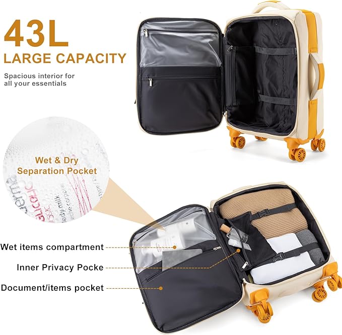 20Inch Carry on Luggage with Spinner Wheels,22x14x9 Airline Approved,Stylish SoftSided Lightweight suitcases bag,Wet/Dry Pockets Suitcase for travel(Apricot)